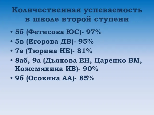 Количественная успеваемость в школе второй ступени 5б (Фетисова ЮС)- 97% 5в (Егорова