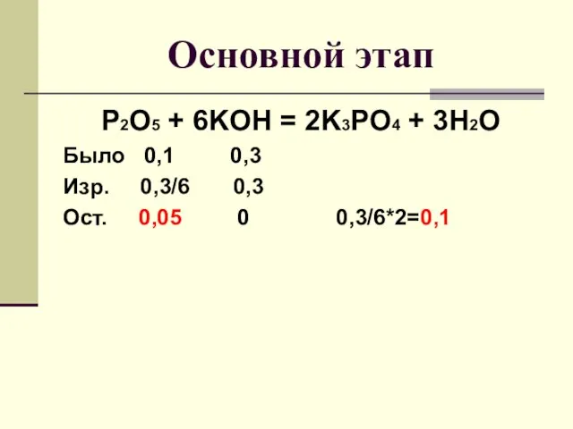 Основной этап P2O5 + 6KOH = 2K3PO4 + 3H2O Было 0,1 0,3