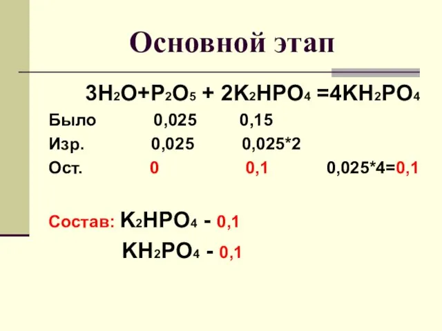 Основной этап 3H2O+P2O5 + 2K2HPO4 =4KH2PO4 Было 0,025 0,15 Изр. 0,025 0,025*2