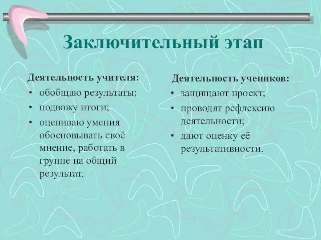 Заключительный этап Деятельность учителя: обобщаю результаты; подвожу итоги; оцениваю умения обосновывать своё