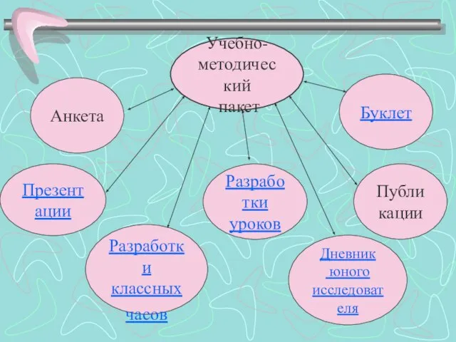 Учебно- методический пакет Презентации Анкета Разработки классных часов Разработки уроков Публикации Дневник юного исследователя Буклет