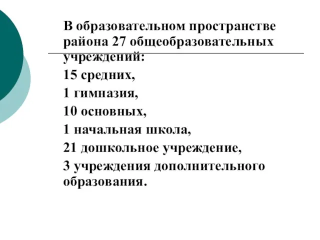 В образовательном пространстве района 27 общеобразовательных учреждений: 15 средних, 1 гимназия, 10