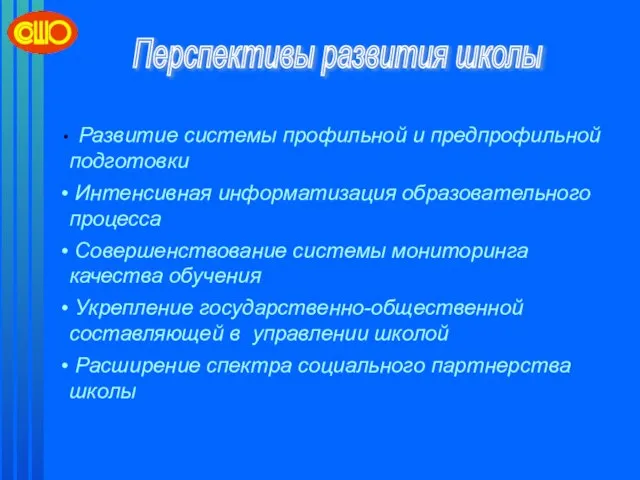 Перспективы развития школы Развитие системы профильной и предпрофильной подготовки Интенсивная информатизация образовательного