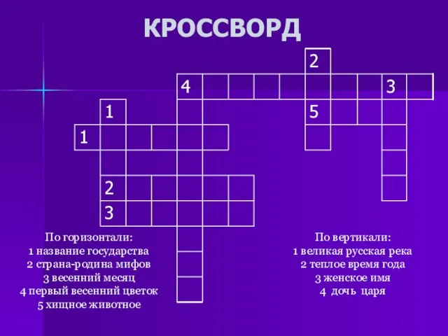 КРОССВОРД По горизонтали: 1 название государства 2 страна-родина мифов 3 весенний месяц