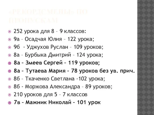 «РЕКОРДСМЕНЫ» ПО ПРОПУСКАМ 252 урока для 8 – 9 классов: 9а –