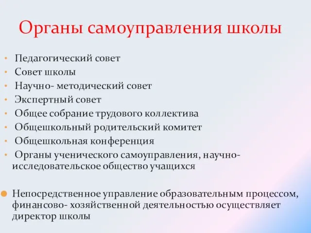 Педагогический совет Совет школы Научно- методический совет Экспертный совет Общее собрание трудового