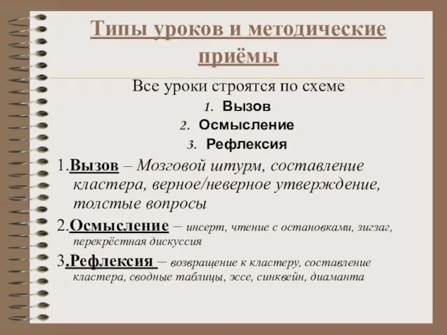 Типы уроков и методические приёмы Все уроки строятся по схеме Вызов Осмысление