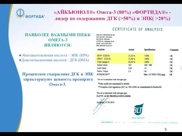 «АЙКЬЮНОЛ®» Омега-3 (80%) «ФОРТИДА®» - лидер по содержанию ДГК (>50%) и ЭПК(