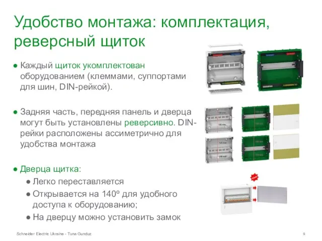 Удобство монтажа: комплектация, реверсный щиток Каждый щиток укомплектован оборудованием (клеммами, суппортами для