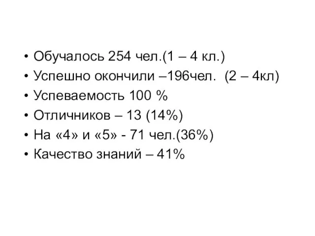 Обучалось 254 чел.(1 – 4 кл.) Успешно окончили –196чел. (2 – 4кл)