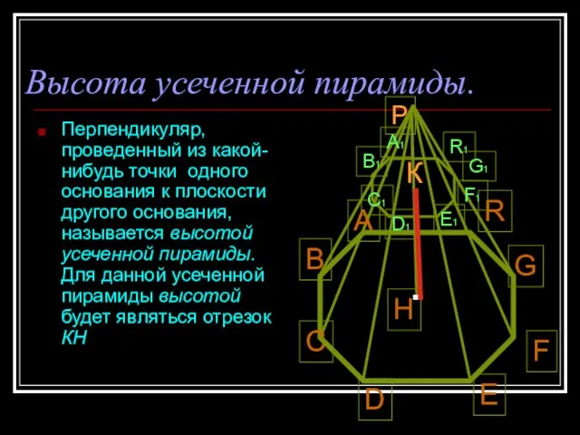 Высота усеченной пирамиды. Перпендикуляр, проведенный из какой-нибудь точки одного основания к плоскости