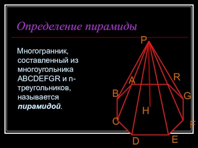 Определение пирамиды Многогранник, составленный из многоугольника ABCDEFGR и n-треугольников, называется пирамидой. Р