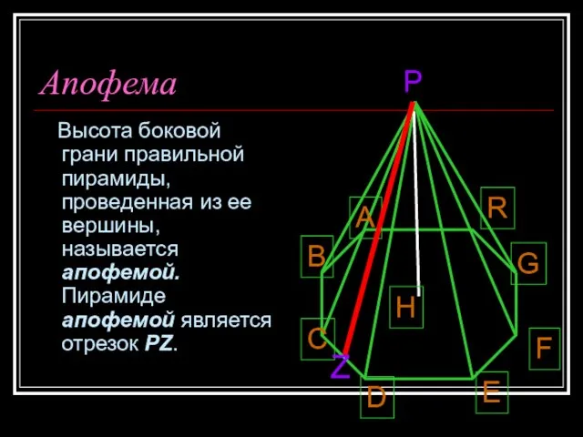 Апофема Высота боковой грани правильной пирамиды, проведенная из ее вершины, называется апофемой.