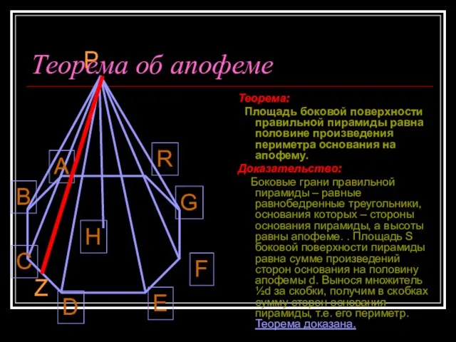 Теорема об апофеме Теорема: Площадь боковой поверхности правильной пирамиды равна половине произведения