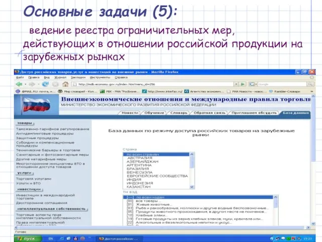 Основные задачи (5): ведение реестра ограничительных мер, действующих в отношении российской продукции на зарубежных рынках