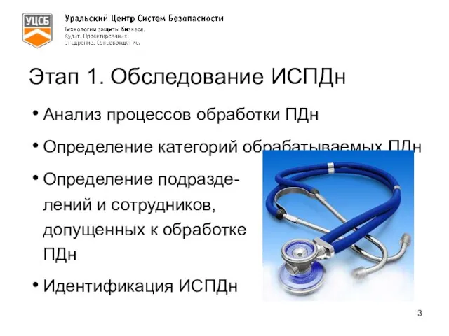 Этап 1. Обследование ИСПДн Анализ процессов обработки ПДн Определение категорий обрабатываемых ПДн