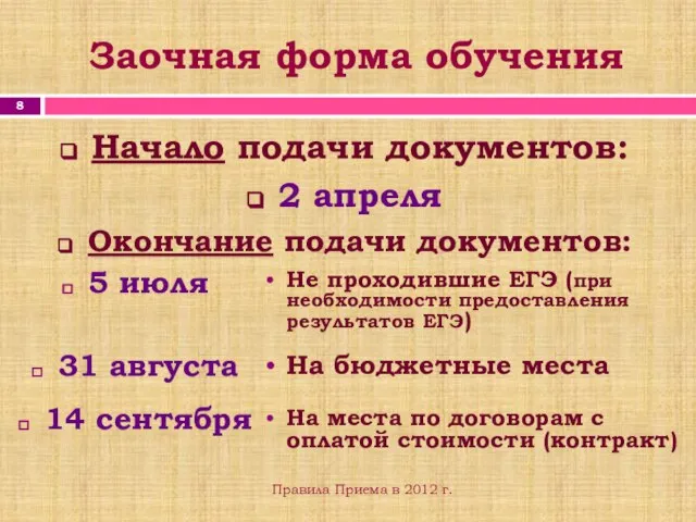 Заочная форма обучения Начало подачи документов: 2 апреля Окончание подачи документов: Правила