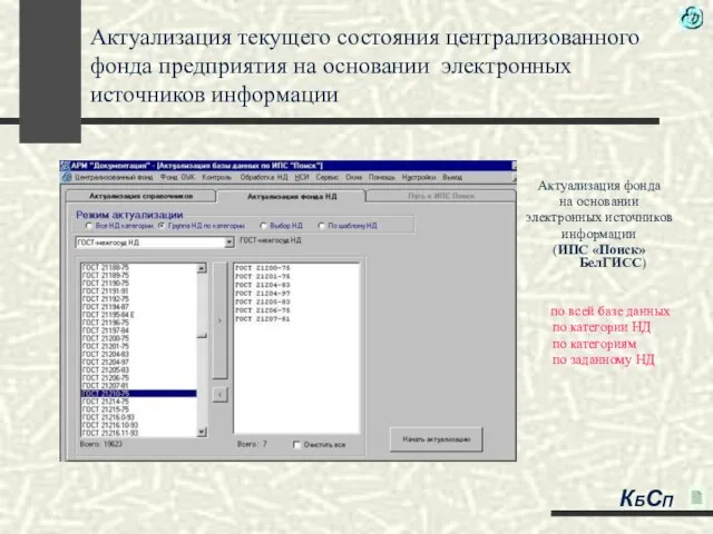 Актуализация текущего состояния централизованного фонда предприятия на основании электронных источников информации Актуализация