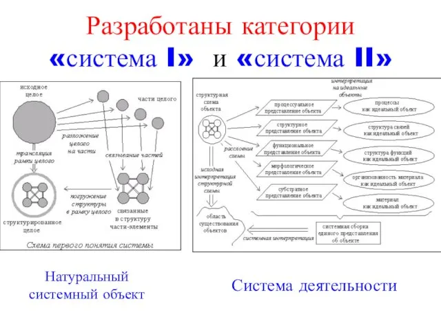 Разработаны категории «система I» и «система II» Натуральный системный объект Система деятельности