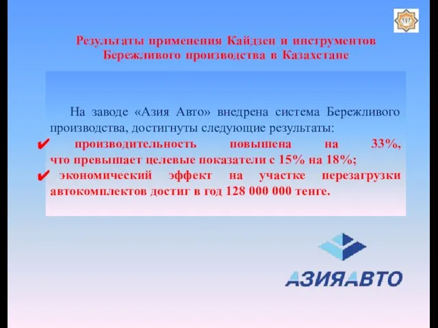 На заводе «Азия Авто» внедрена система Бережливого производства, достигнуты следующие результаты: производительность