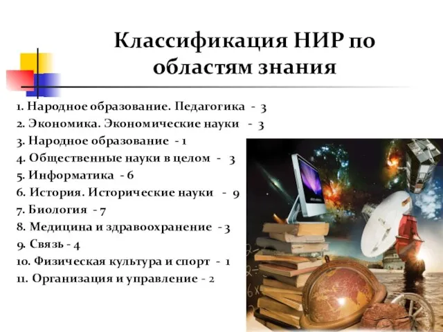 Классификация НИР по областям знания 1. Народное образование. Педагогика - 3 2.