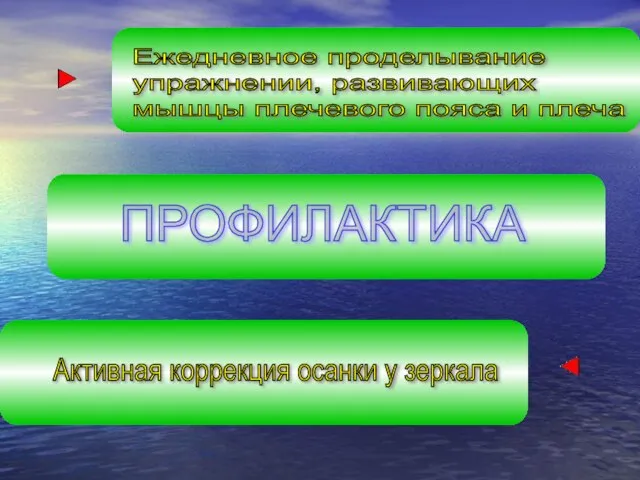 ПРОФИЛАКТИКА Ежедневное проделывание упражнении, развивающих мышцы плечевого пояса и плеча Активная коррекция осанки у зеркала