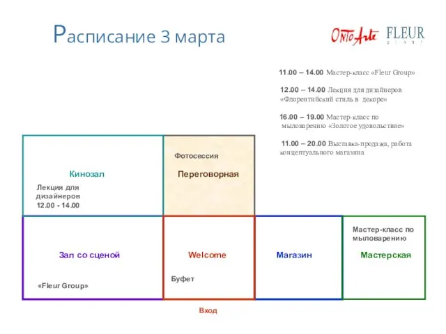 Расписание 3 марта «Fleur Group» Зал со сценой Кинозал Магазин Вход Welcome