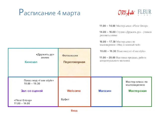 Расписание 4 марта «Fleur Group» 11.00 – 14.00 Зал со сценой Кинозал