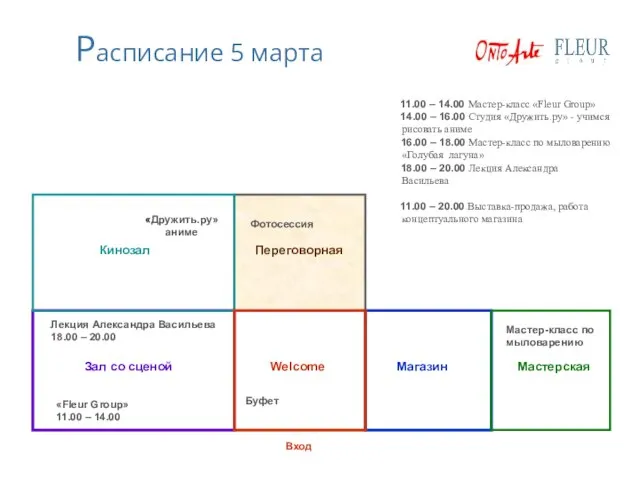 Расписание 5 марта «Fleur Group» 11.00 – 14.00 Зал со сценой Кинозал