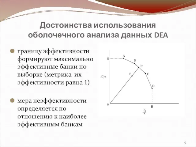 Достоинства использования оболочечного анализа данных DEA границу эффективности формируют максимально эффективные банки