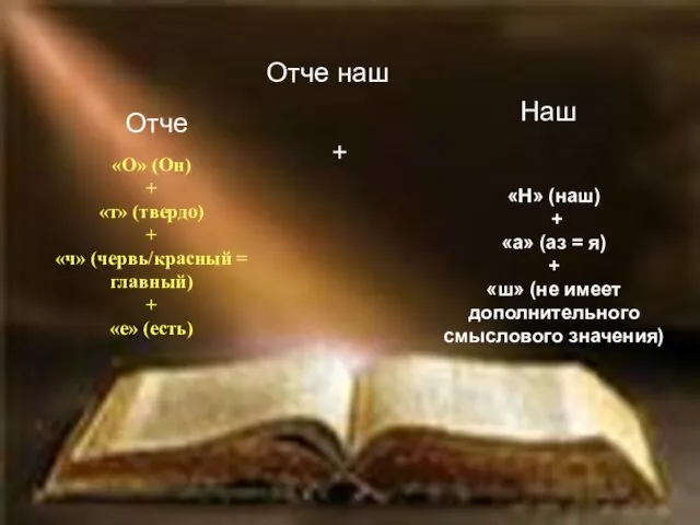 Отче наш Отче Наш «О» (Он) + «т» (твердо) + «ч» (червь/красный