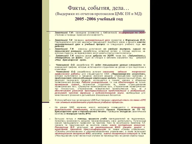 Факты, события, дела… (Выдержки из отчетов протоколов ЦМК ЕН и МД) 2005