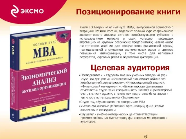 Позиционирование книги Книга ТОП-серии «Полный курс MBA», выпускаемой совместно с ведущими ВУЗами