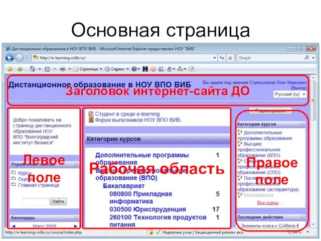 Основная страница Заголовок интернет-сайта ДО Левое поле Правое поле Рабочая область