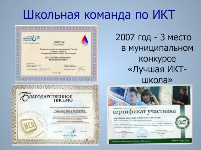 Школьная команда по ИКТ 2007 год - 3 место в муниципальном конкурсе «Лучшая ИКТ-школа»