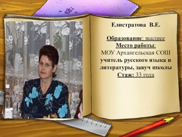 Елистратова В.Е. Образование: высшее Место работы: МОУ Архангельская СОШ учитель русского языка