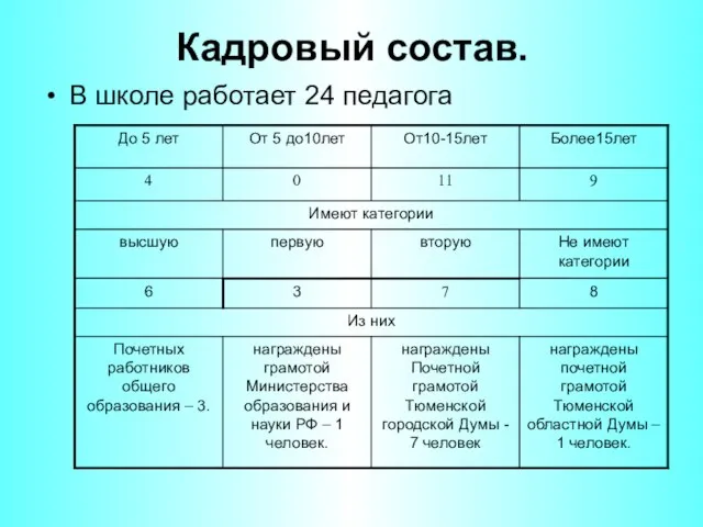 Кадровый состав. В школе работает 24 педагога