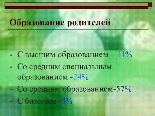 Образование родителей С высшим образованием – 11% Со средним специальным образованием -24%