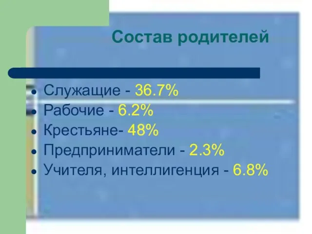 Состав родителей Служащие - 36.7% Рабочие - 6.2% Крестьяне- 48% Предприниматели -