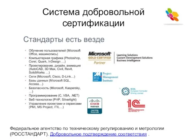 Система добровольной сертификации Федеральное агентство по техническому регулированию и метрологии (РОССТАНДАРТ). Добровольное подтверждение соответствия .