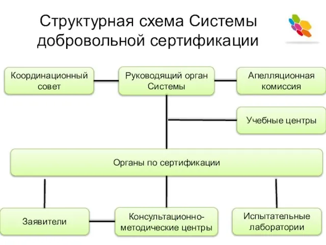 Структурная схема Системы добровольной сертификации Координационный совет Руководящий орган Системы Апелляционная комиссия