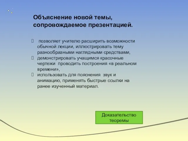 Объяснение новой темы, сопровождаемое презентацией. позволяет учителю расширить возможности обычной лекции, иллюстрировать