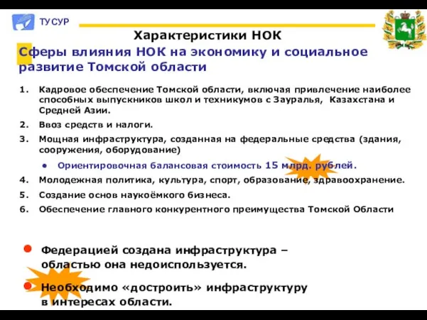 Федерацией создана инфраструктура – областью она недоиспользуется. Необходимо «достроить» инфраструктуру в интересах