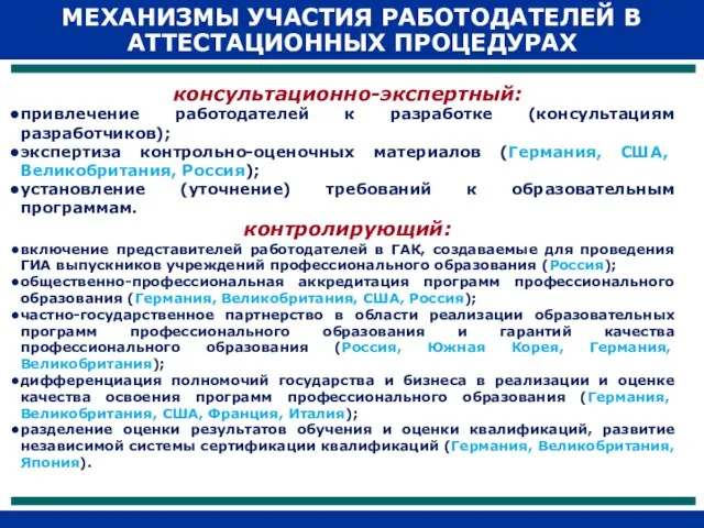 МЕХАНИЗМЫ УЧАСТИЯ РАБОТОДАТЕЛЕЙ В АТТЕСТАЦИОННЫХ ПРОЦЕДУРАХ консультационно-экспертный: привлечение работодателей к разработке (консультациям