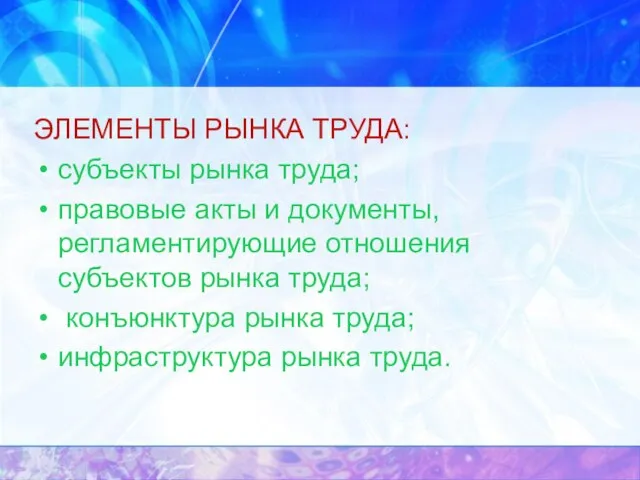 ЭЛЕМЕНТЫ РЫНКА ТРУДА: субъекты рынка труда; правовые акты и документы, регламентирующие отношения