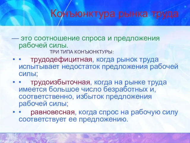 Конъюнктура рынка труда — это соотношение спроса и предложения рабочей силы. ТРИ