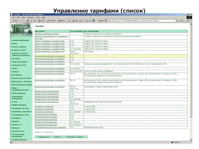 Управление тарифами (список)
