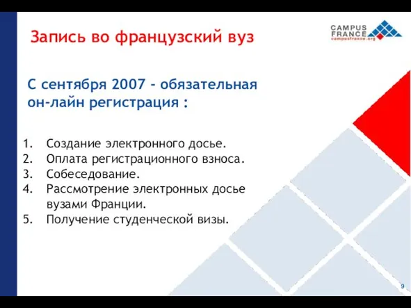 Создание электронного досье. Оплата регистрационного взноса. Собеседование. Рассмотрение электронных досье вузами Франции.