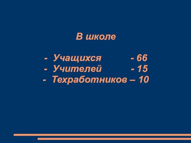 В школе - Учащихся - 66 - Учителей - 15 - Техработников – 10