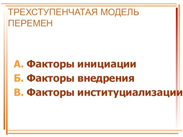 ТРЕХСТУПЕНЧАТАЯ МОДЕЛЬ ПЕРЕМЕН А. Факторы инициации Б. Факторы внедрения В. Факторы институциализации